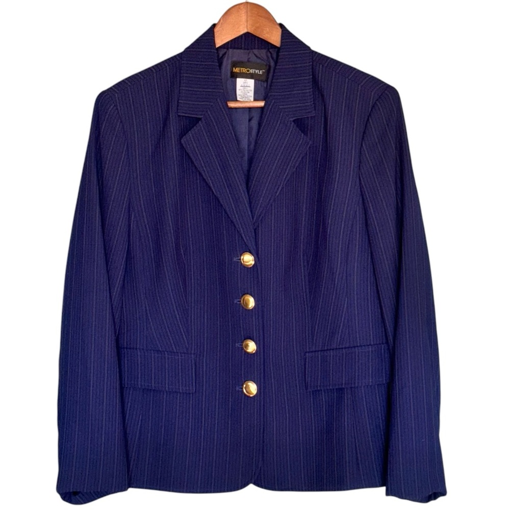 Vintage Metro Style Classic Pinstripe Navy Blue Blazer Size 12